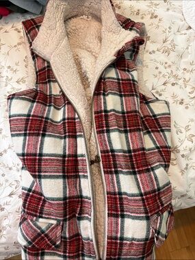 Maurices Red, White & Black Plaid Sherpa-Lined Vest